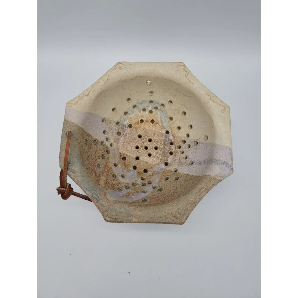 Berry Bowl Pottery Strainer & Dish Signed SR Allen TN NEW Hanger Octagonal